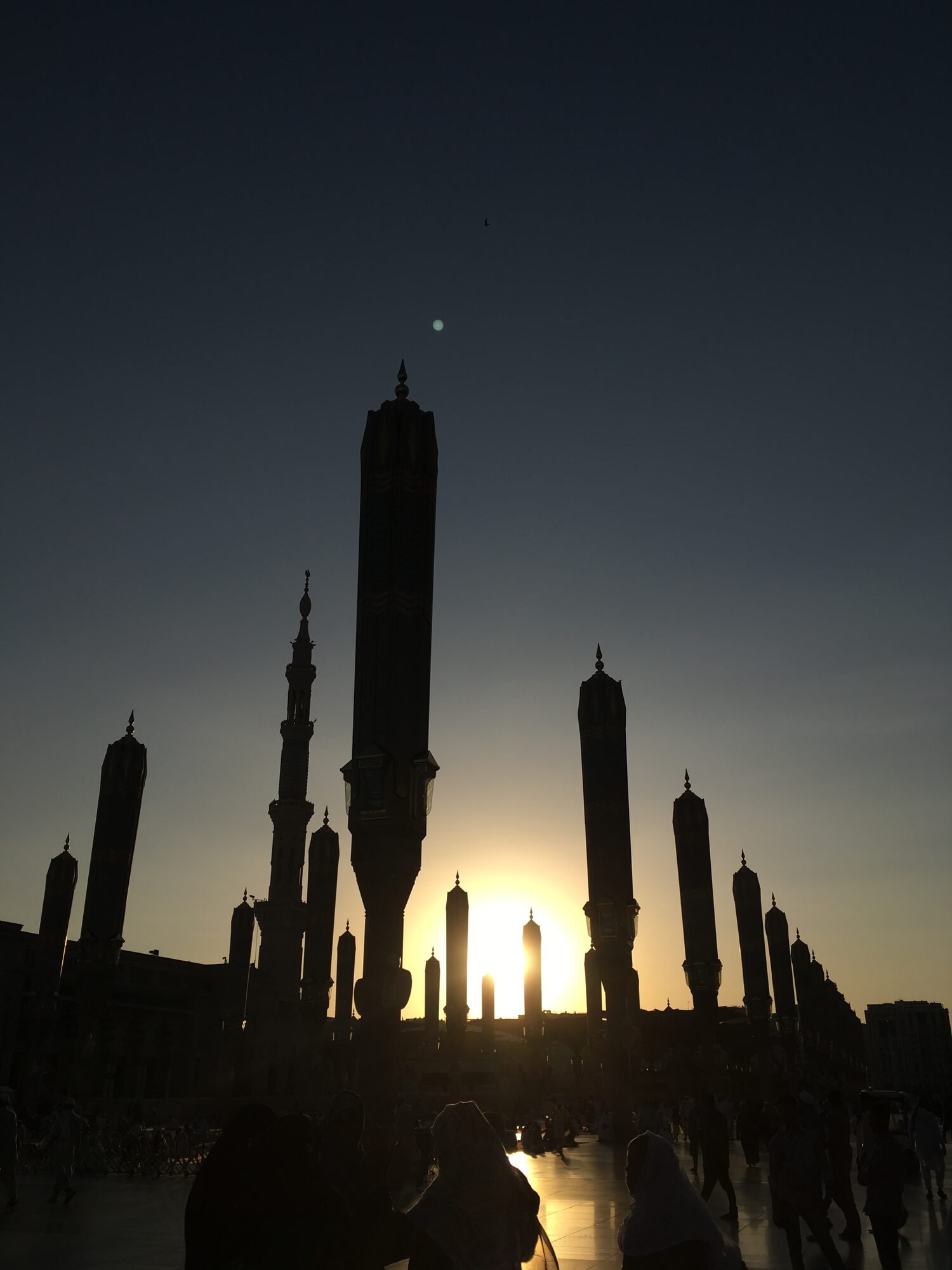 Les parasols fermés de la mosquée du Prophète à Médine, en contre-jour au coucher du soleil.