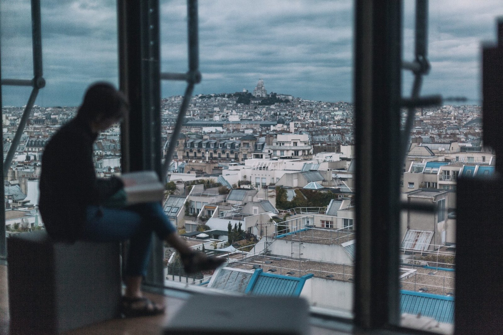 Une personne lit devant une grande fenêtre, au-dessus des toits de Paris.